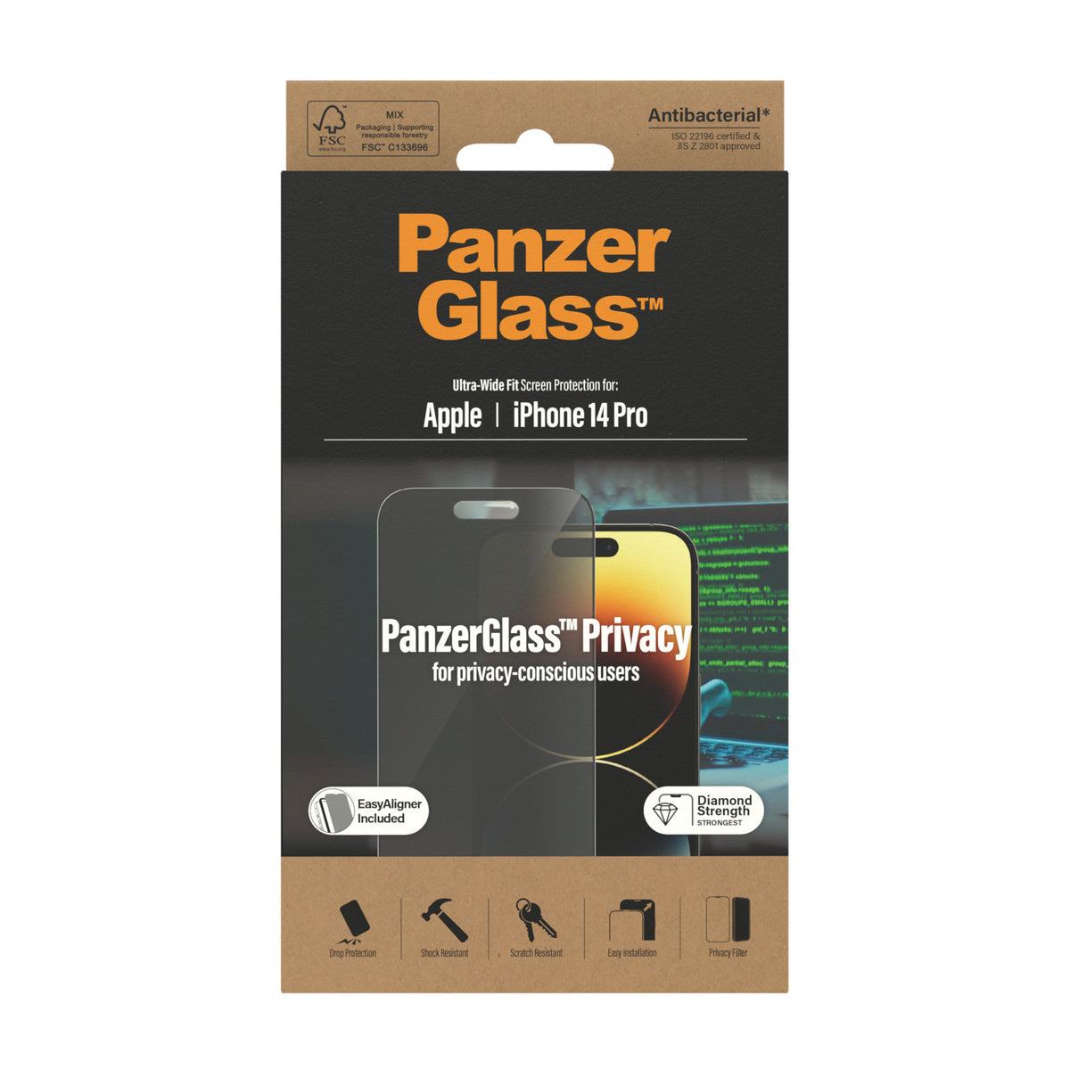 PanzerGlass | Screen protector | Apple | iPhone 14 Pro | Glass | Black | Ultra-Wide Fit; Easy installation; Privacy Filter; Fingerprint resistant | Privacy
