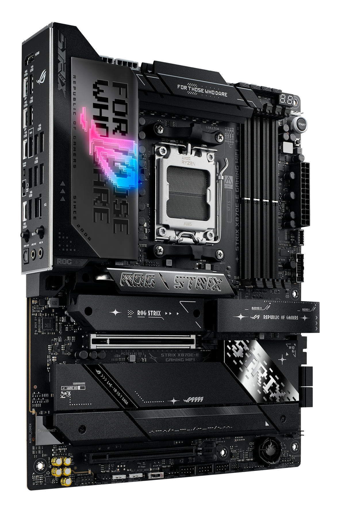 Asus ROG STRIX X870E-E GAMING WIFI | Processor family AMD | Processor socket AM5 | DDR5 | Supported hard disk drive interfaces SATA, M.2 | Number of SATA connectors 4