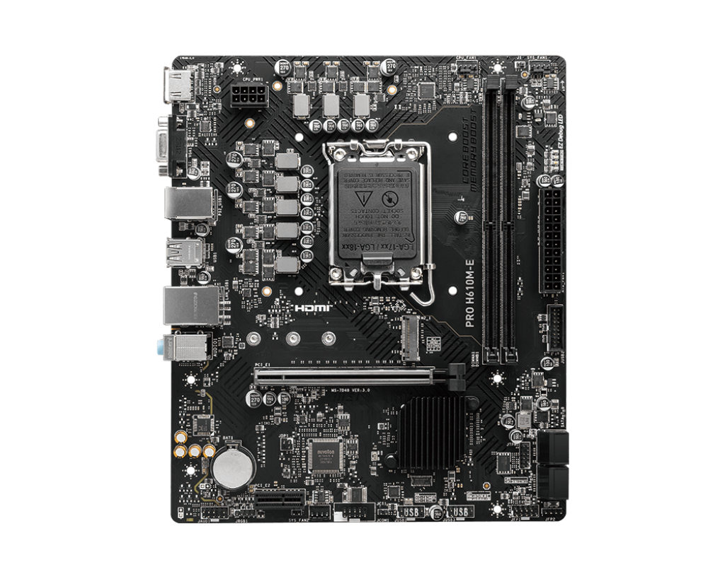 MSI | PRO H610M-E | Processor family Intel | Processor socket LGA1700 | Supported hard disk drive interfaces SATA, M.2 | Number of SATA connectors 4