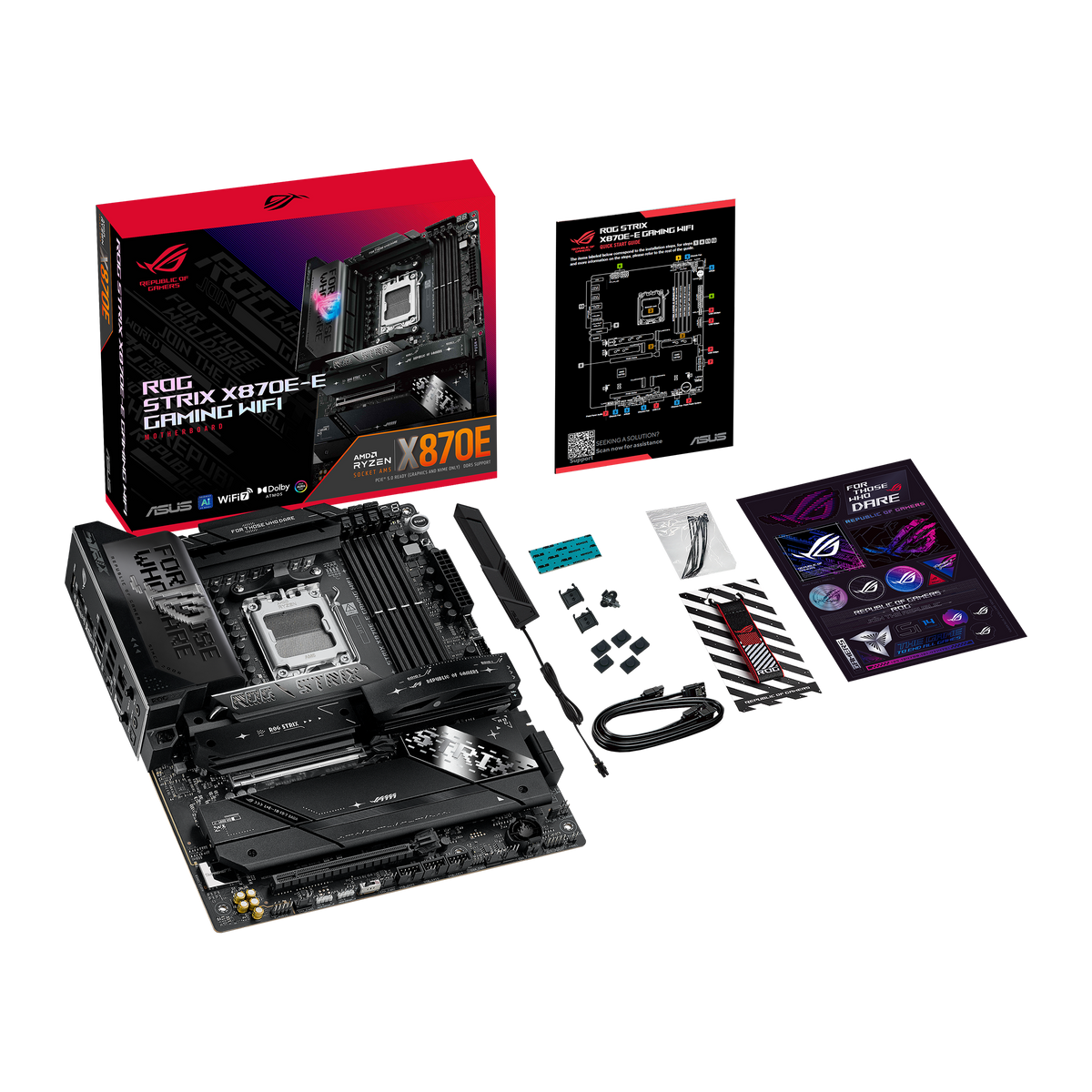 Asus ROG STRIX X870E-E GAMING WIFI | Processor family AMD | Processor socket AM5 | DDR5 | Supported hard disk drive interfaces SATA, M.2 | Number of SATA connectors 4