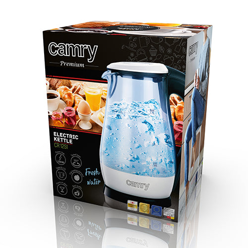 Camry | Kettle | CR 1251 | Standard | 2000 W | 1.7 L | Glass | 360° rotational base | Glass/Black