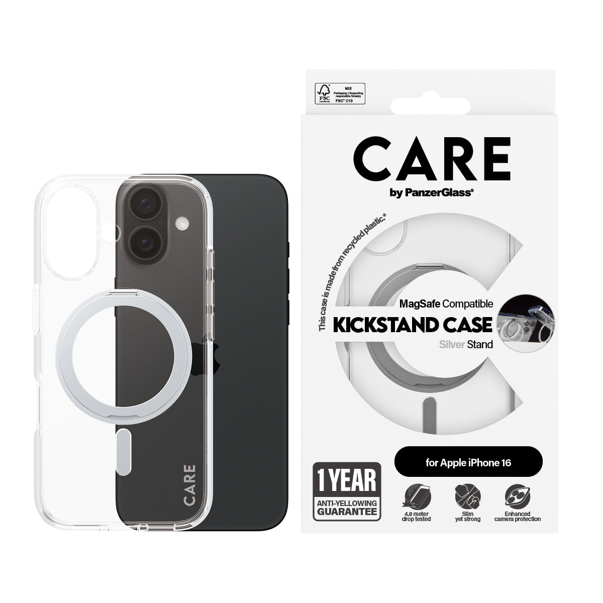 CARE Feature Case | Back cover | Apple | iPhone 16 | Recycled plastic | Silver | Kickstand & MagSafe
