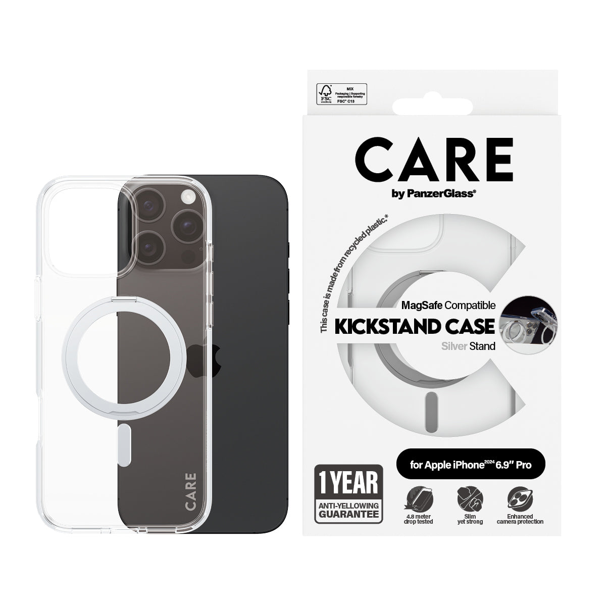 CARE Feature Case | Back cover | Apple | iPhone 16 Pro Max | Recycled plastic | Silver | Kickstand & MagSafe