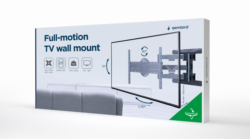 Gembird | Wall mount | WM-80STR-01 | Tilt, swivel, rotate | 40-80 " | Maximum weight (capacity) 50 kg | Black