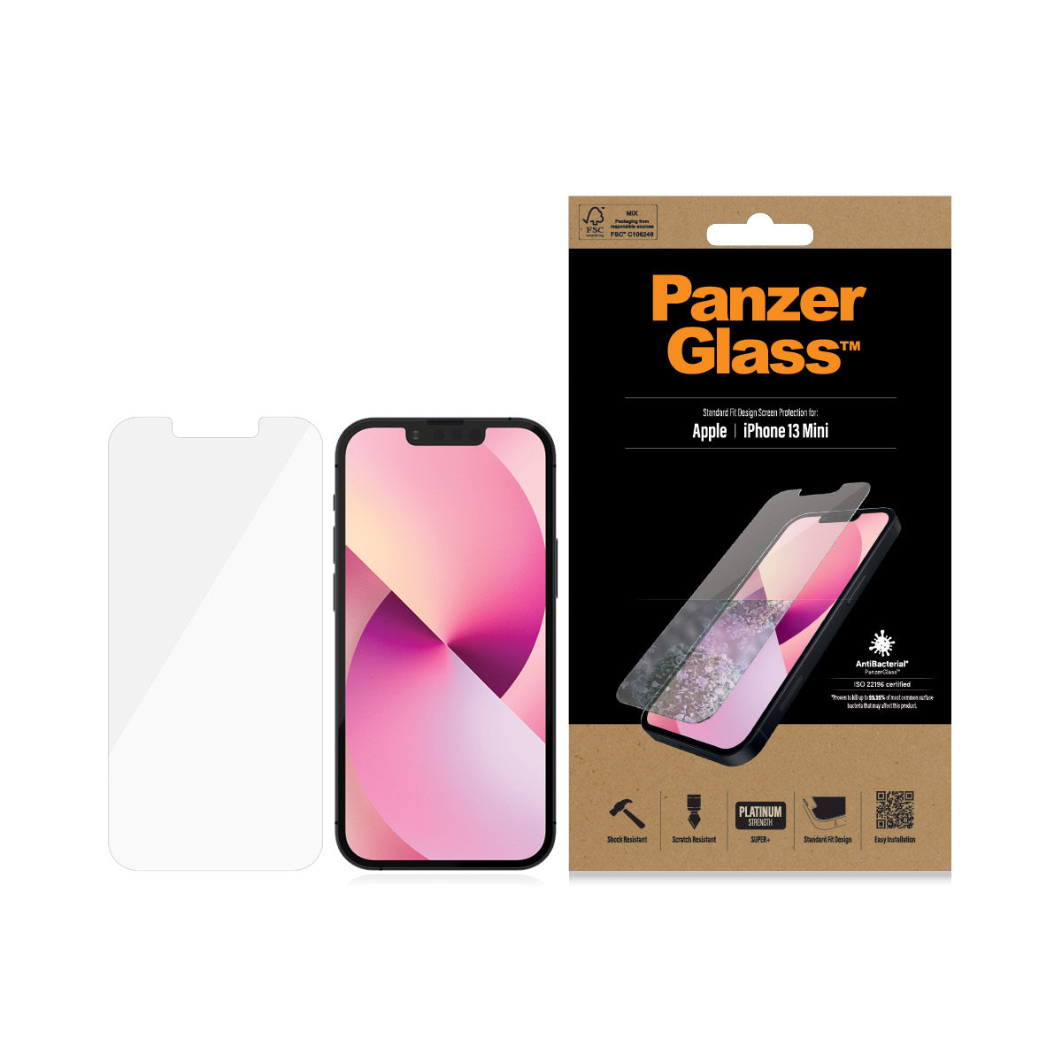 PanzerGlass | Clear Screen Protector | Apple | iPhone 13 Mini | Tempered glass | Antibacterial glass; Resistant to scratches and bacteria; Shock absorbing; Easy to install