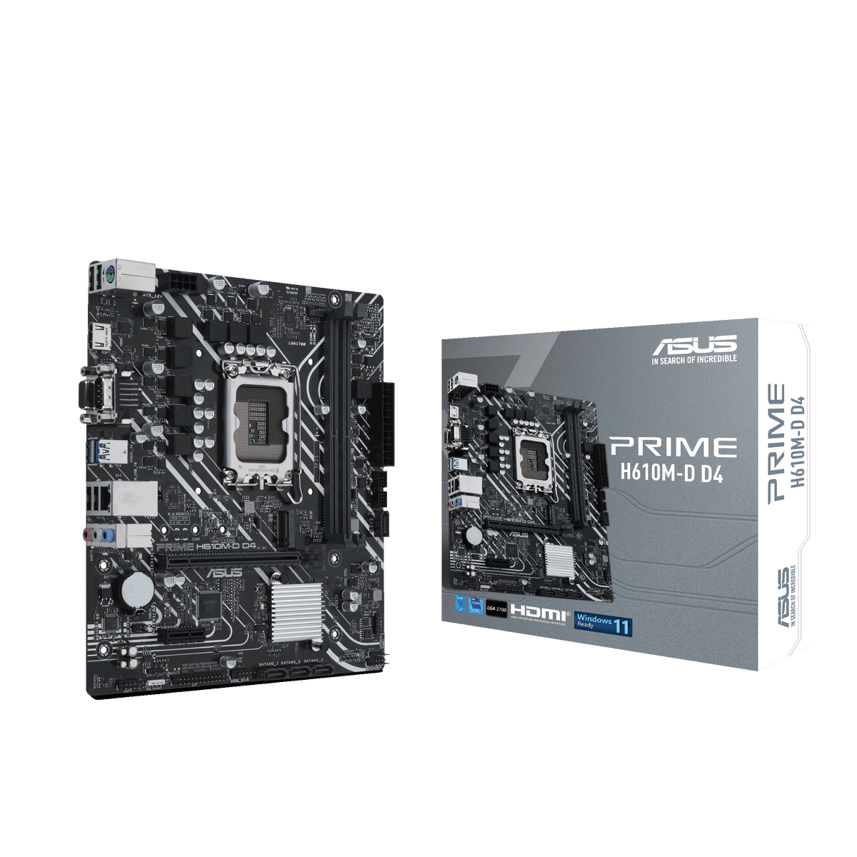 Asus | PRIME H610M-D D4 | Processor family Intel | Processor socket LGA1700 | DDR4 DIMM | Memory slots 2 | Supported hard disk drive interfaces SATA, M.2 | Number of SATA connectors 4 | Chipset Intel H610 | mATX