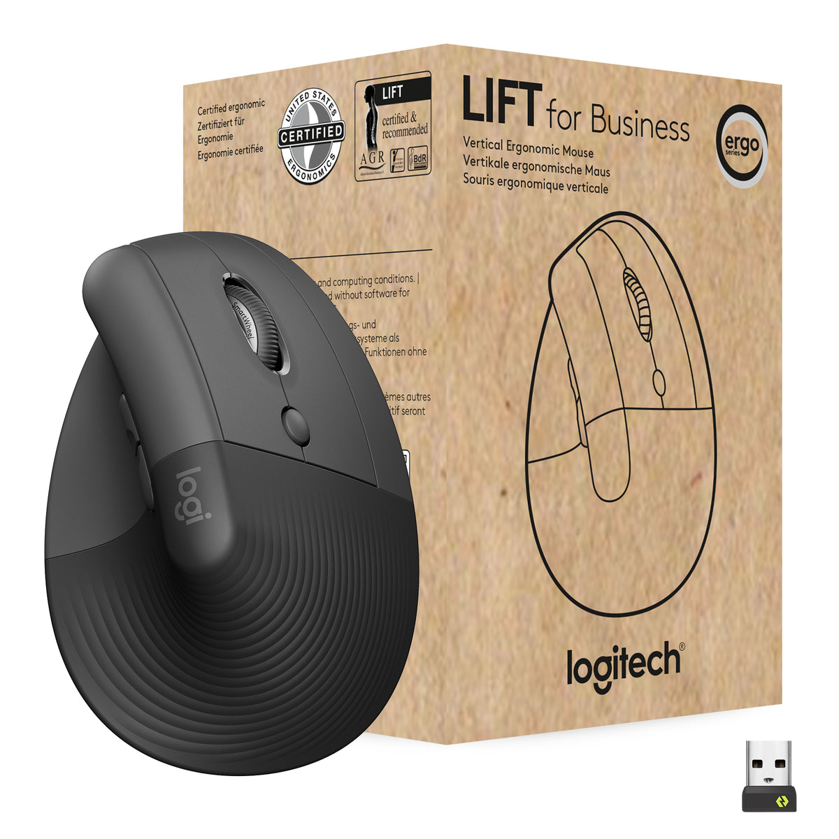 Logitech Lift Vertical for Business Belaidė pelė RF Wireless + Bluetooth, 4000 DPI, Graphite