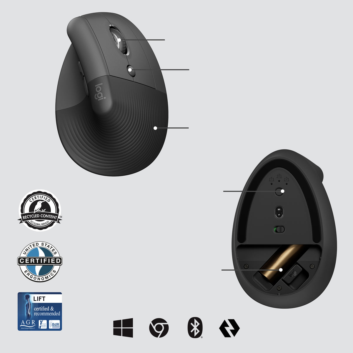 Logitech Lift Vertical for Business Belaidė pelė RF Wireless + Bluetooth, 4000 DPI, Graphite