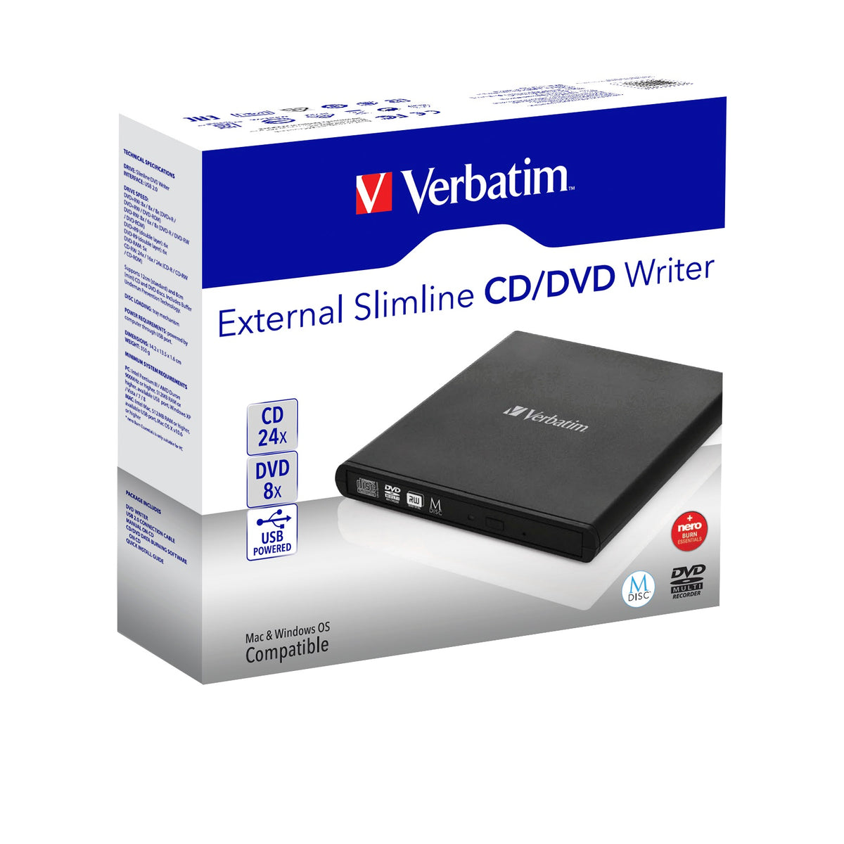 Verbatim 98938 External Slimline CD/DVD Writer Išorinis optinis įrenginys, USB-A, Juoda