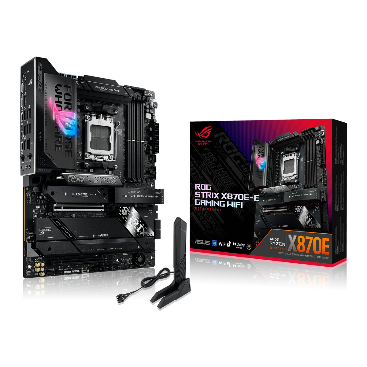 Asus ROG STRIX X870E-E GAMING WIFI | Processor family AMD | Processor socket AM5 | DDR5 | Supported hard disk drive interfaces SATA, M.2 | Number of SATA connectors 4