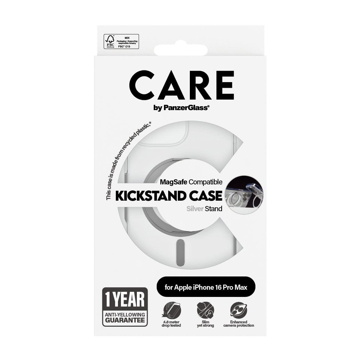CARE Feature Case | Back cover | Apple | iPhone 16 Pro Max | Recycled plastic | Silver | Kickstand & MagSafe