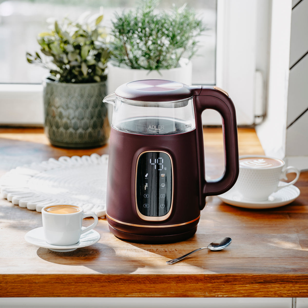Adler Kettle with LED Display | AD 1305 | Electric | 2200 W | 1.7 L | Plastic | 360° rotational base | Burgundy