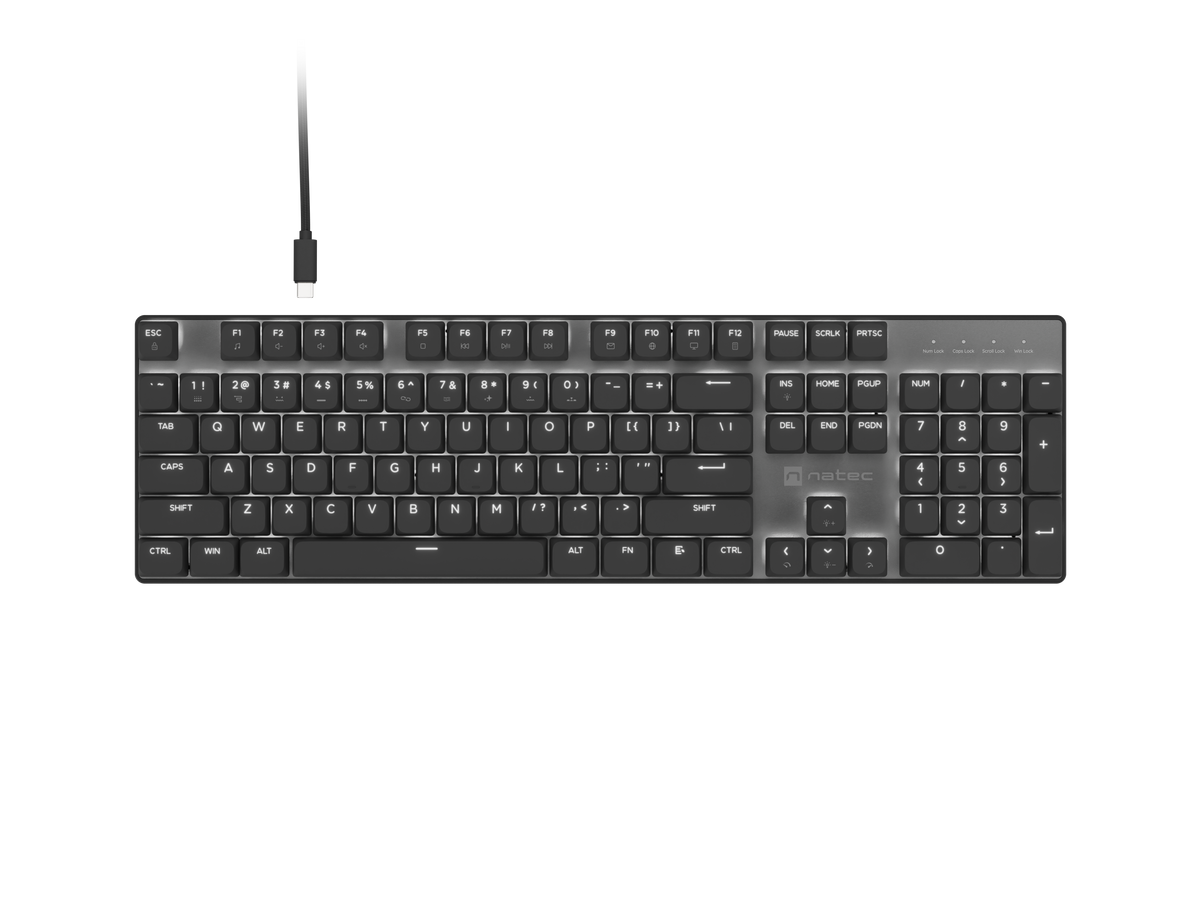 Natec Amberjack | Keyboard | Wired | US | Linear | White backlight, Hot-swappable switches, Anti-ghosting, Built-in memory, Macro recording | Black/Gray