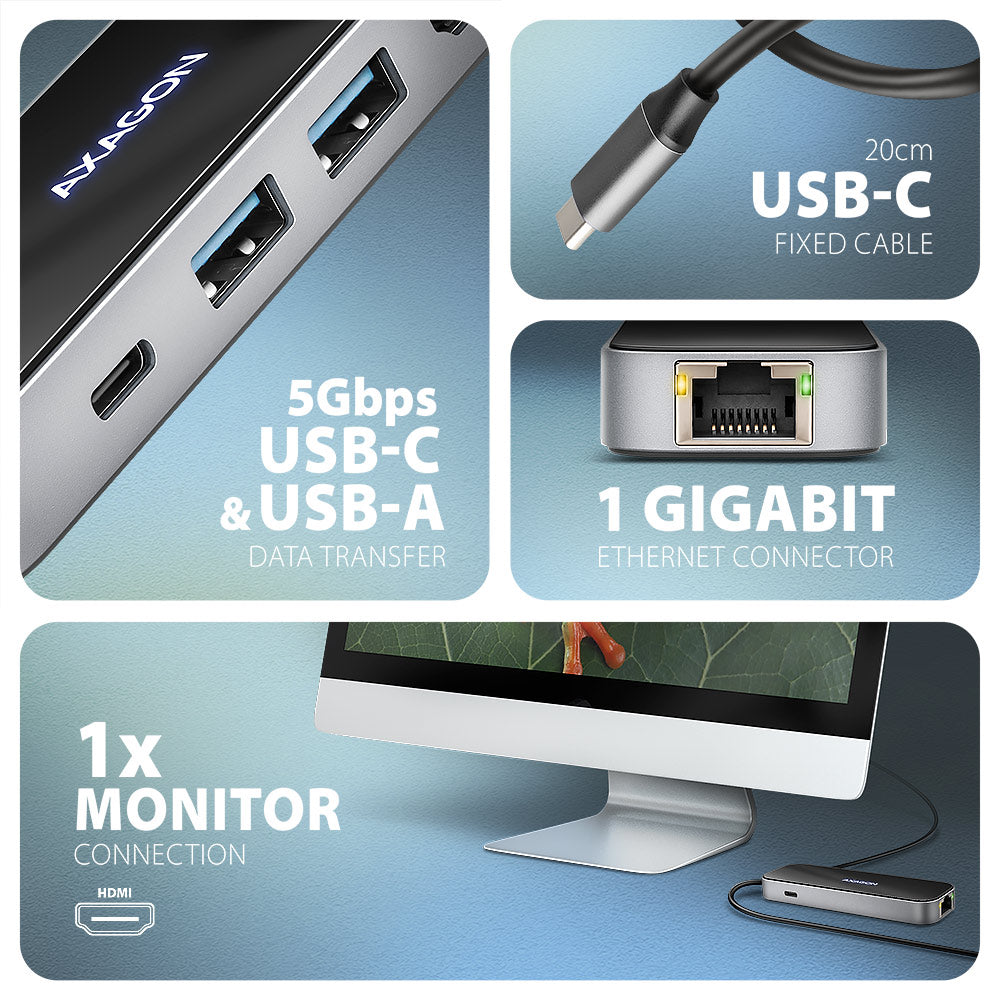 AXAGON USB-C 5Gbps GLASS 6in1 Hub | HMC-6GLN