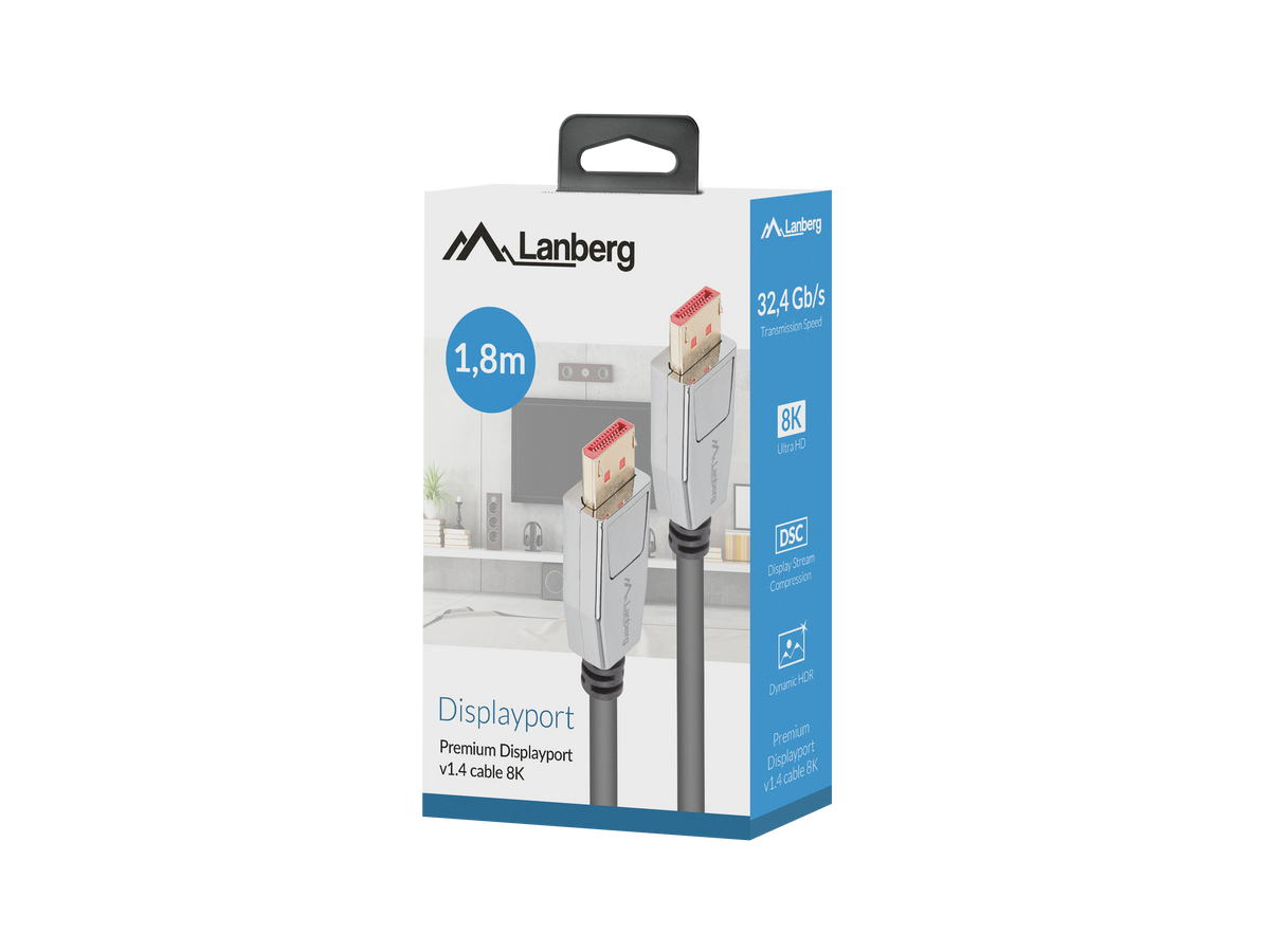 Lanberg DisplayPort M/M Cable 20 PIN V1.4 8K 60HZ | CA-DPDP-20CU-0018-BK | DisplayPort to DisplayPort | 1.8 m