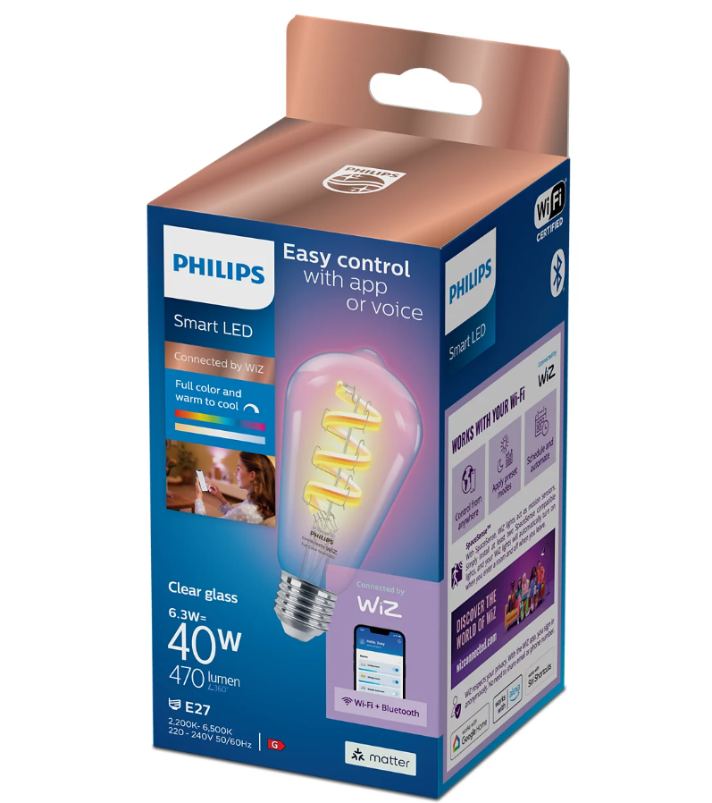 Philips Smart WiFi Filament Clear ST64 470Lm RGB | E27 | 6.3 W | RGB light | Bluetooth, Wi-Fi