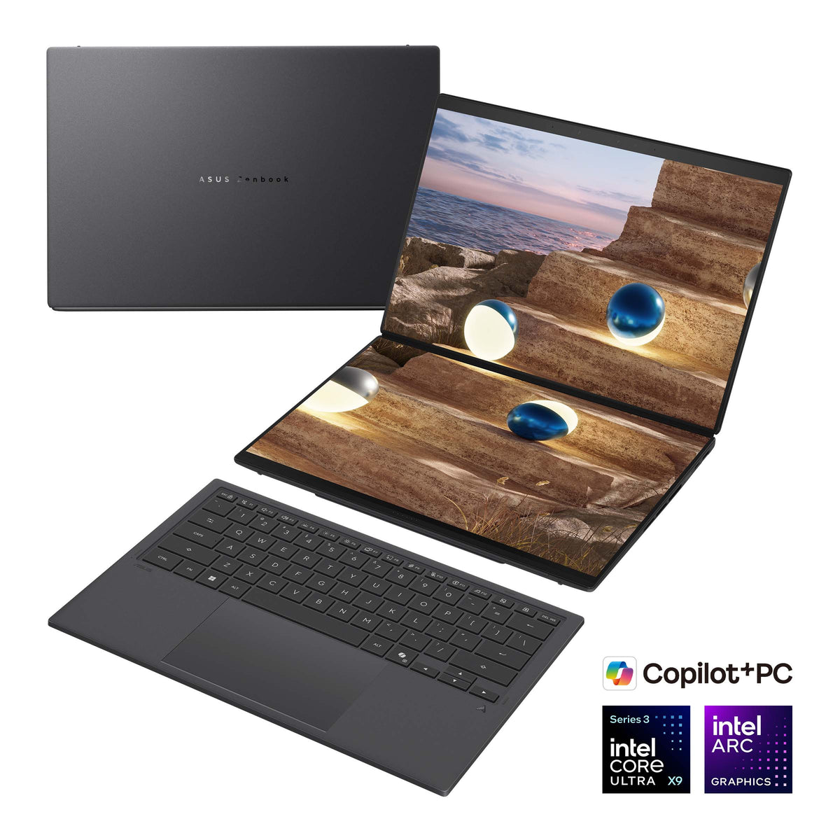 Asus | Zenbook Duo UX8407AA-SN066W | Moher Gray | 14 " | OLED | Touchscreen | 2.8K | 2880 x 1800 pixels | 144 Hz | Anti-Reflective | Intel Core Ultra X9 | 378H | 32 GB | LPDDR5X | Solid-state drive capacity 2000 GB | Intel Arc Graphics | Windows 11 Pro |