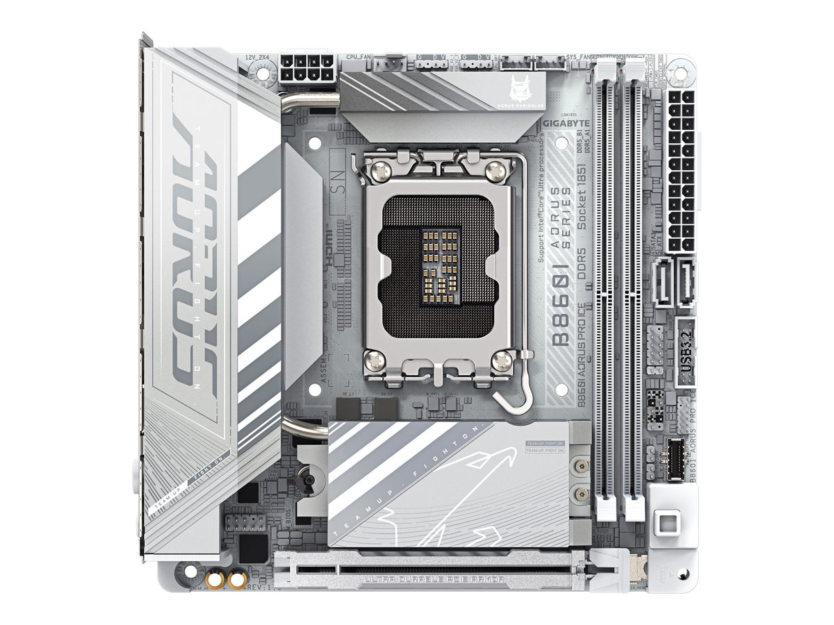 Gigabyte B860I AORUS PRO ICE | Processor family Intel | Processor socket LGA1851 | DDR5 | Supported hard disk drive interfaces SATA, M.2 | Number of SATA connectors 2
