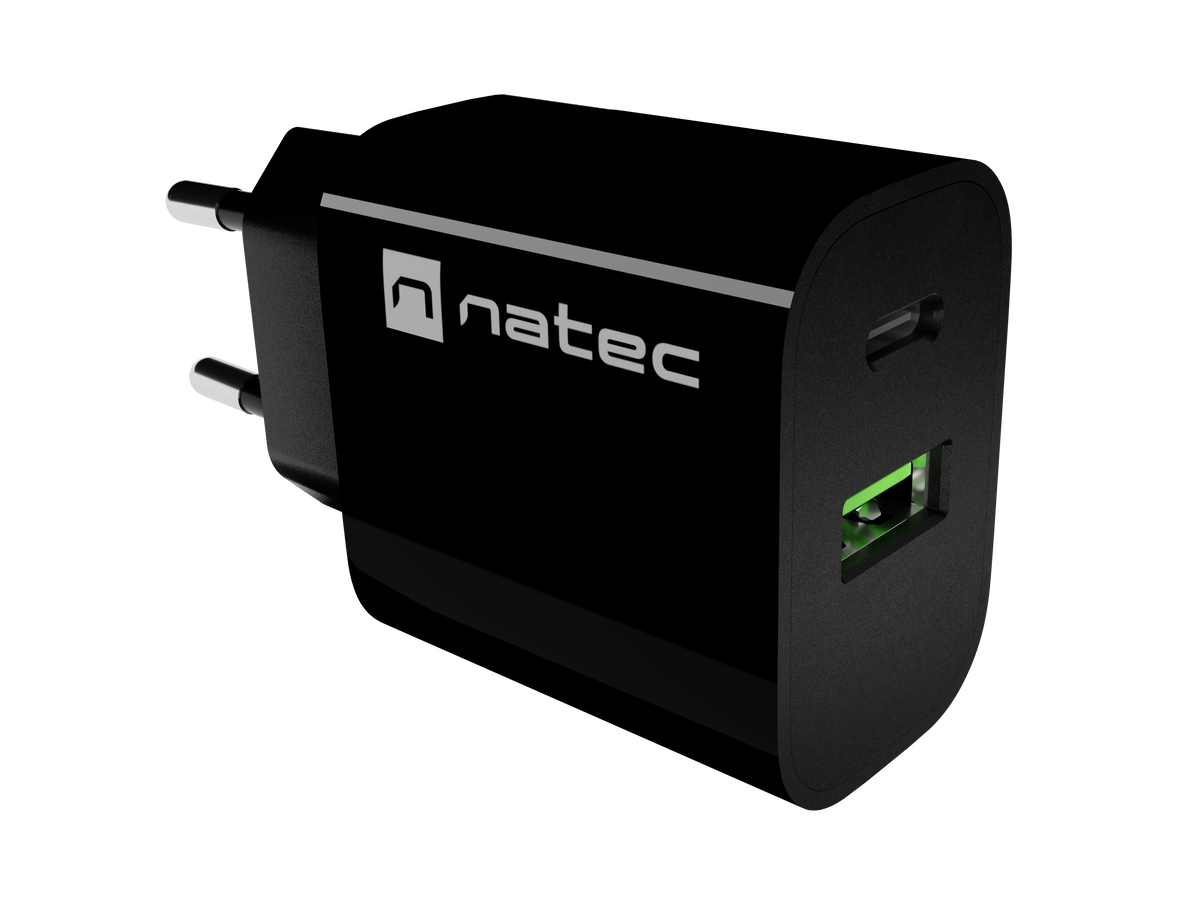 Natec Ribera USB Charger 1X USB-A + 1X USB-C 20W, Black
