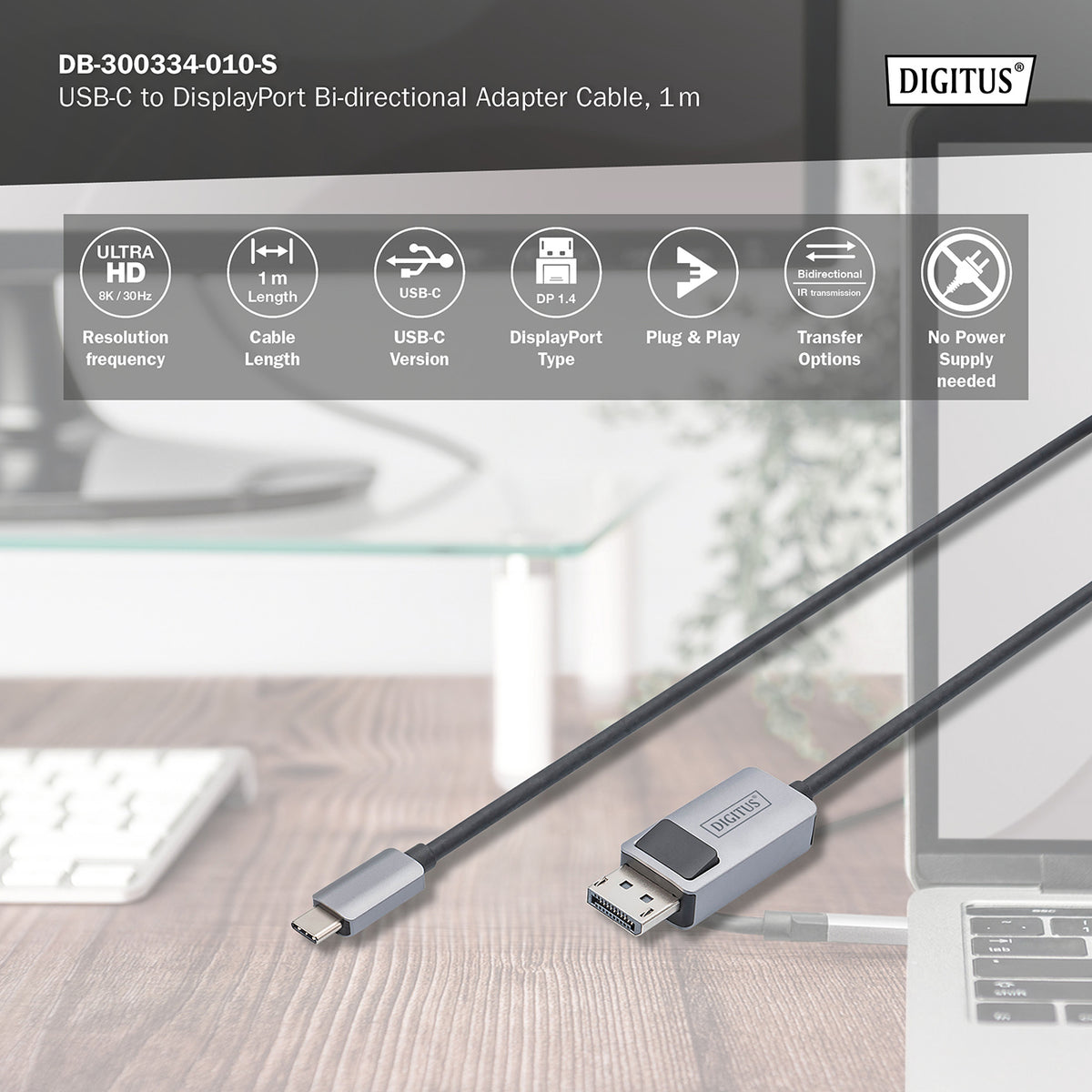 Digitus | Bi-directional Adapter Cable | DB-300334-010-S | USB-C to DisplayPort