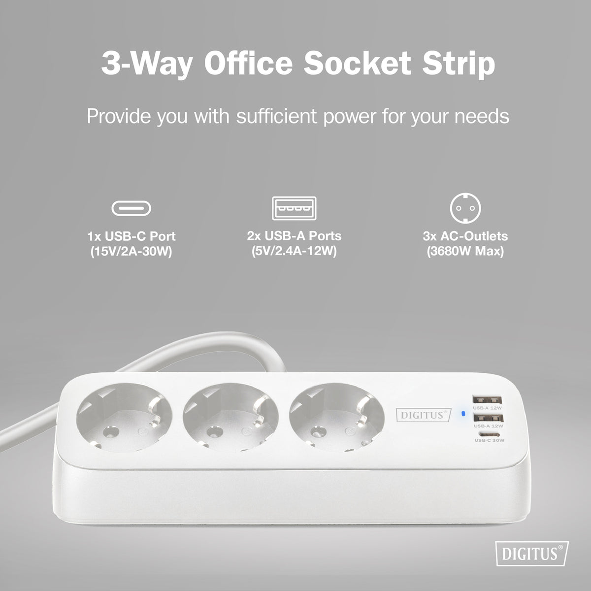 Digitus 3-way office socket strip with 2x USB-A and 1x USB-C connections | DA-70626