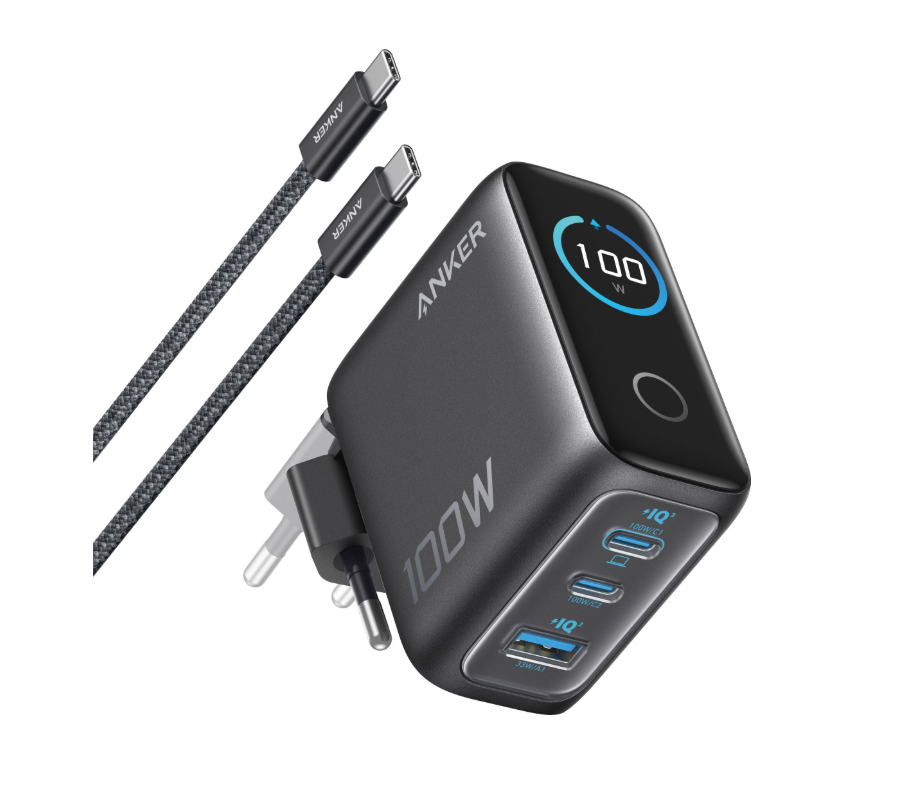 Anker Charger (100W, 3 Ports, Smart Display) with USB-C Cable