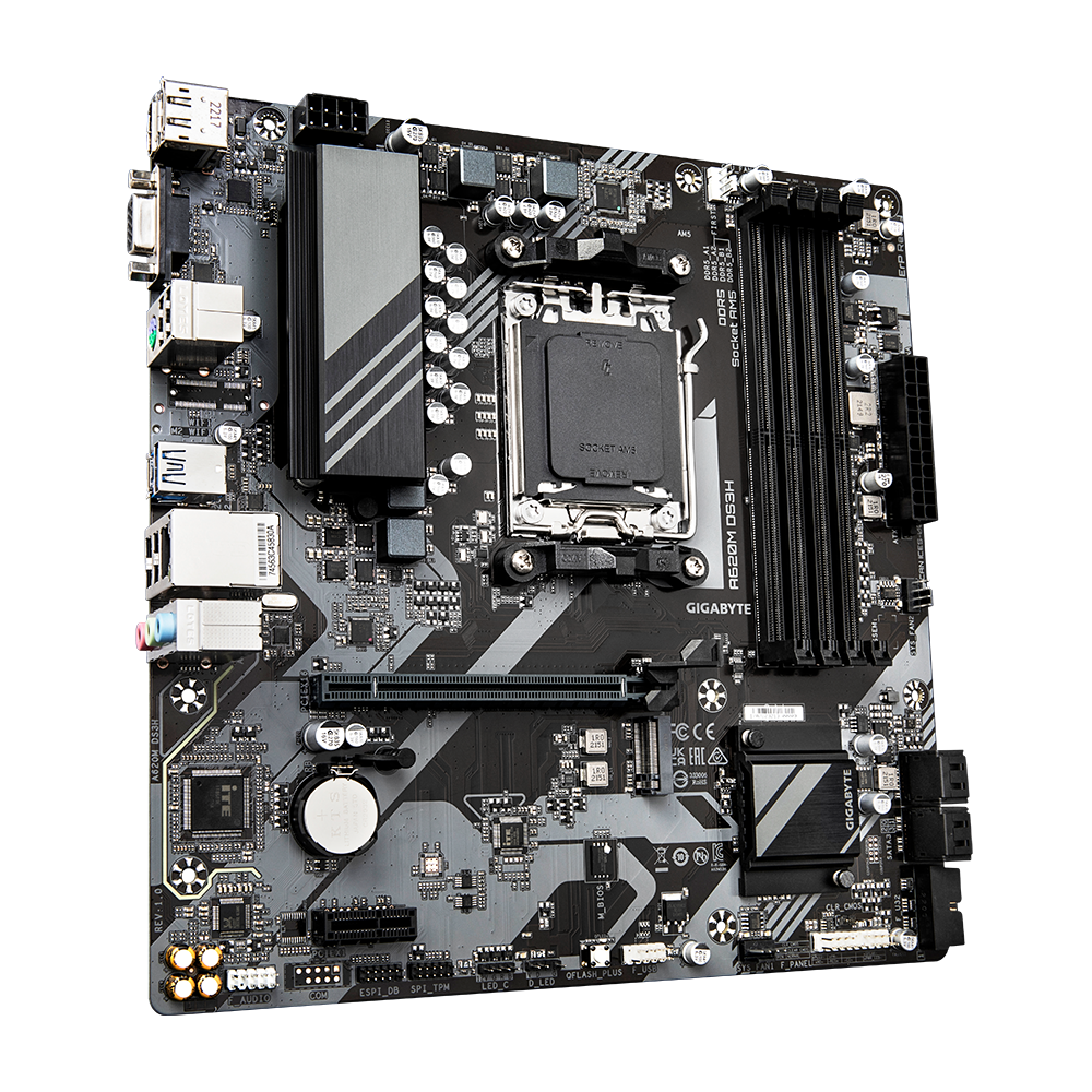 Gigabyte A620M DS3H | Processor family AMD | Processor socket AM5 | DDR5 | Supported hard disk drive interfaces M.2, SATA | Number of SATA connectors 4