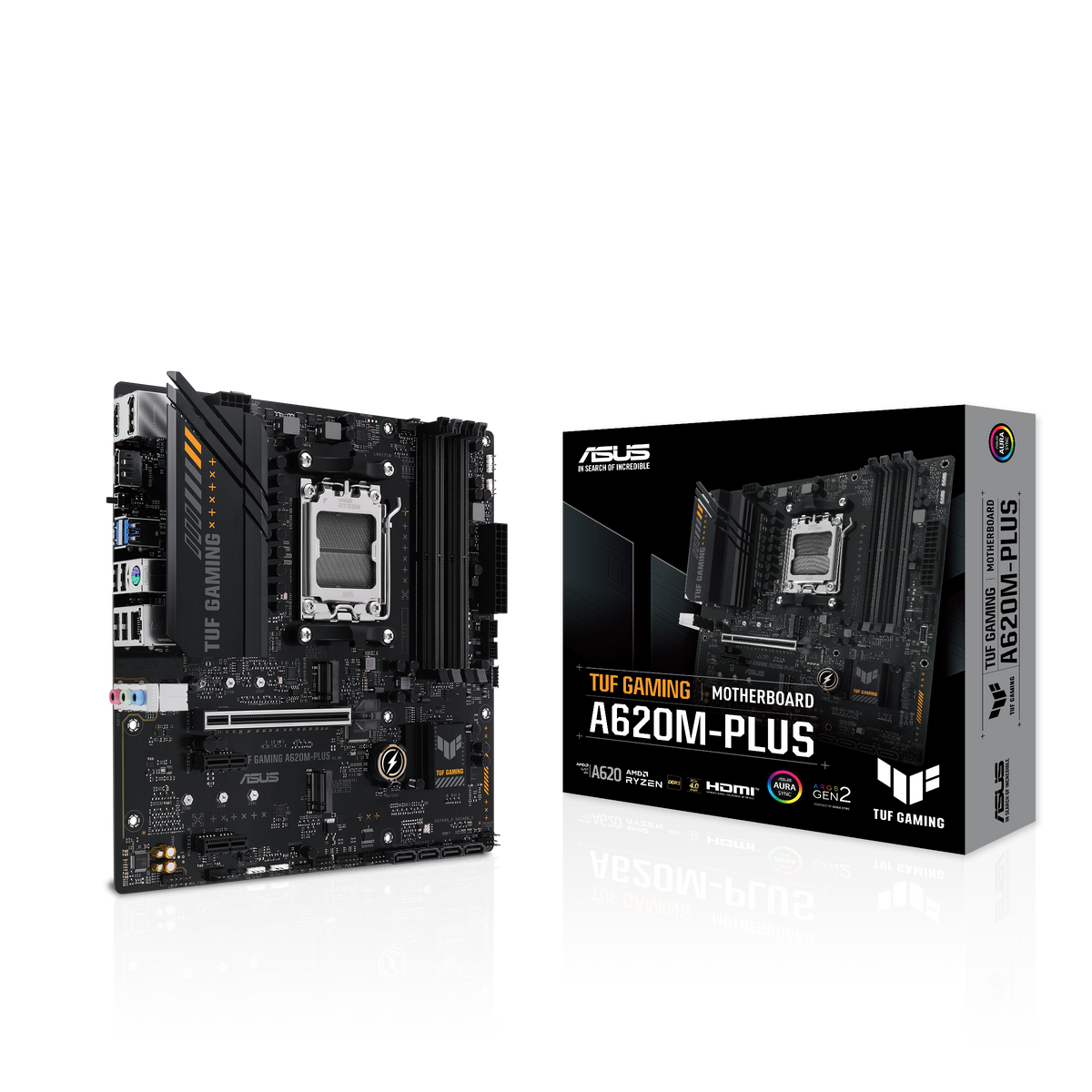 Asus | TUF GAMING A620M-PLUS | Processor family AMD | Processor socket AM5 | DDR5 DIMM | Memory slots 4 | Supported hard disk drive interfaces 	SATA, M.2 | Number of SATA connectors 4 | Chipset  AMD A620 | Micro-ATX