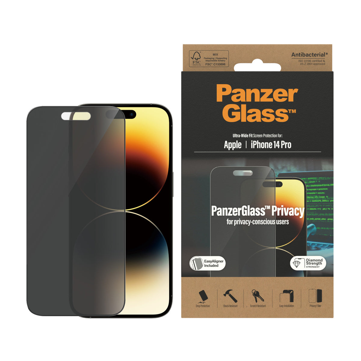 PanzerGlass | Screen protector | Apple | iPhone 14 Pro | Glass | Black | Ultra-Wide Fit; Easy installation; Privacy Filter; Fingerprint resistant | Privacy