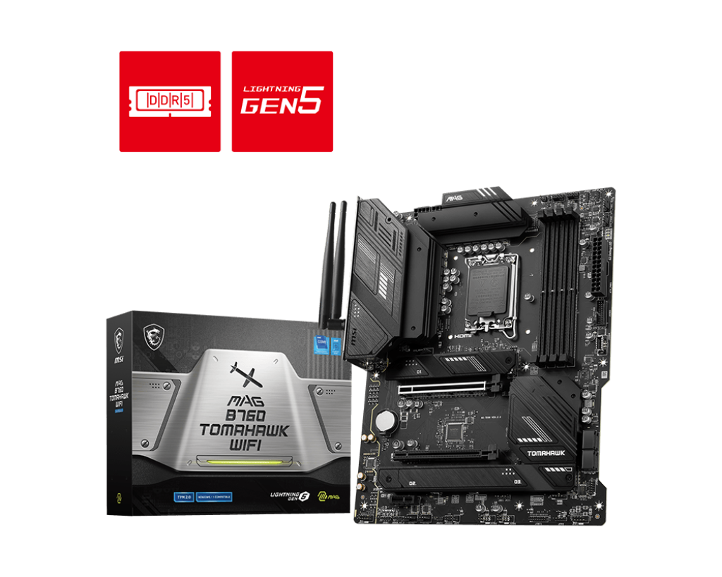 MSI | MAG B760 TOMAHAWK WIFI | Processor family Intel | Processor socket LGA1700 | DDR5 | Supported hard disk drive interfaces SATA, M.2 | Number of SATA connectors 4