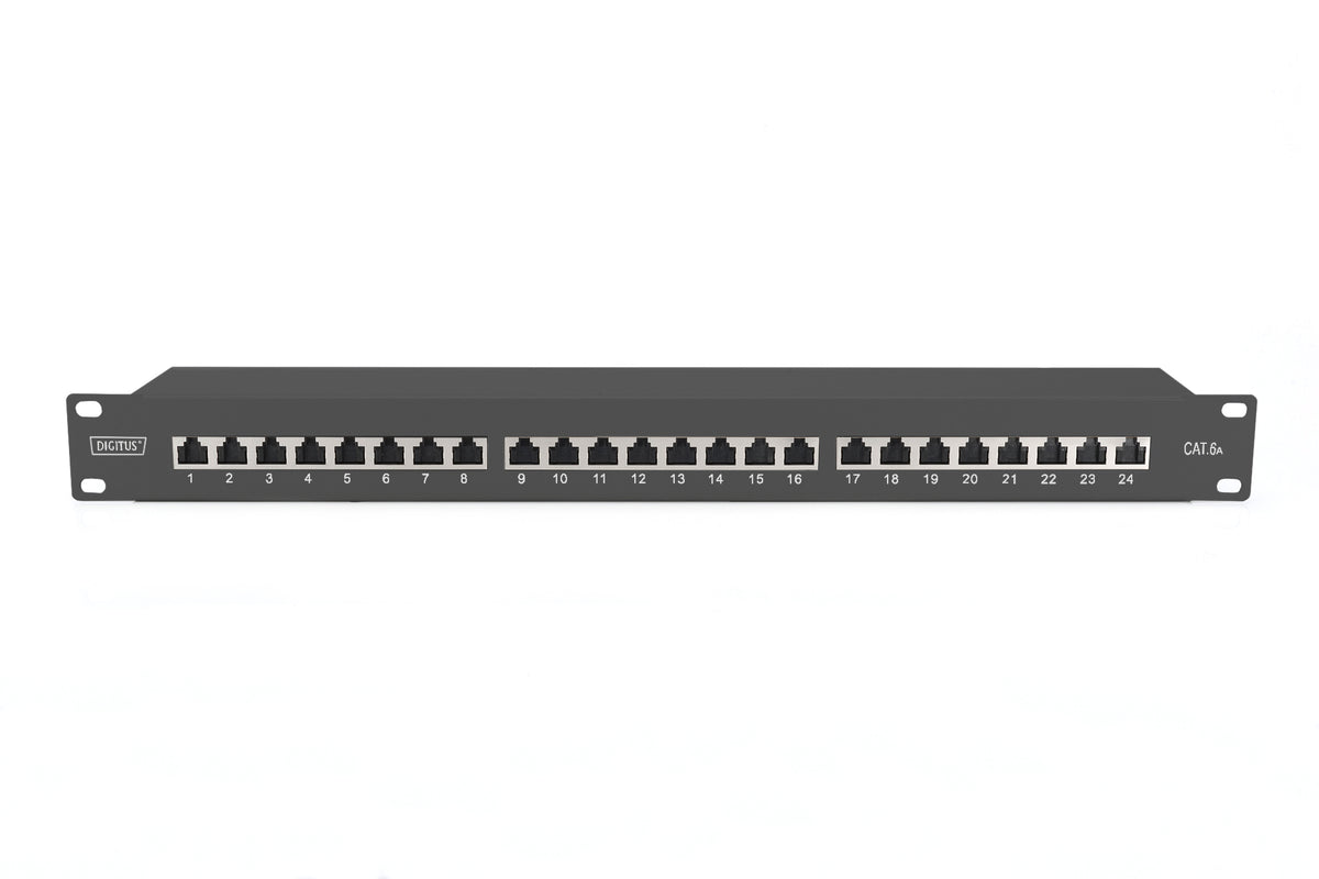 CAT 6A | Patch Panel | RJ45, 8P8C | Suitable for 483 mm (19") cabinet mounting; Transmission properties: Category 6A, Class EA; Area of application: Up to 500 MHz, 10GBase-T; Size:482.6 x 44 x 109mm | RJ45 shielding (Tinned bronze)