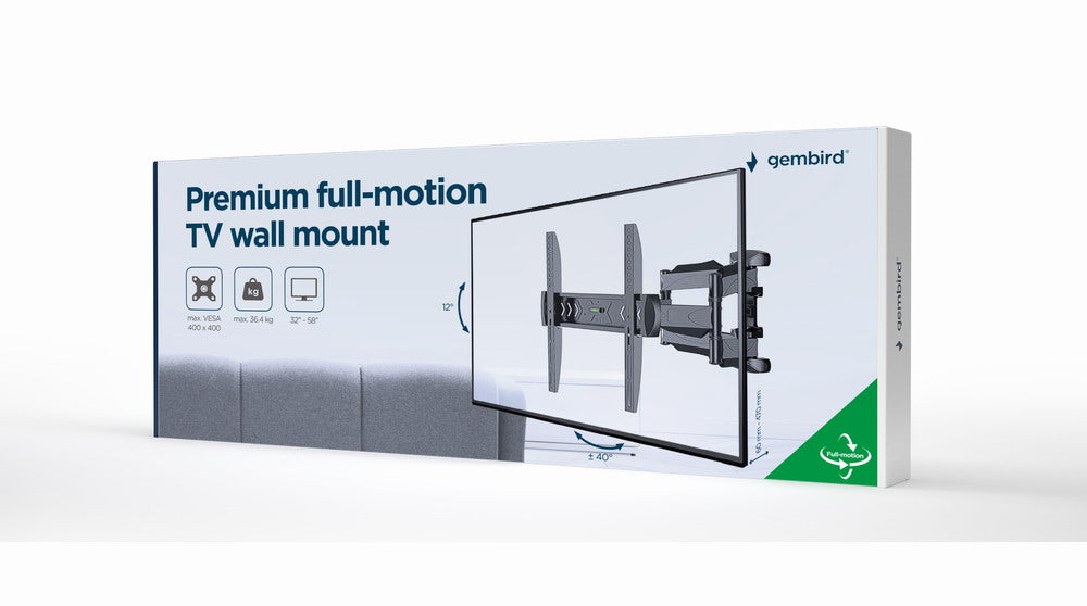 Gembird | Wall mount | WM-58ST-01 | Tilt, swivel, rotate | 32-58 " | Maximum weight (capacity) 36.4 kg | Black