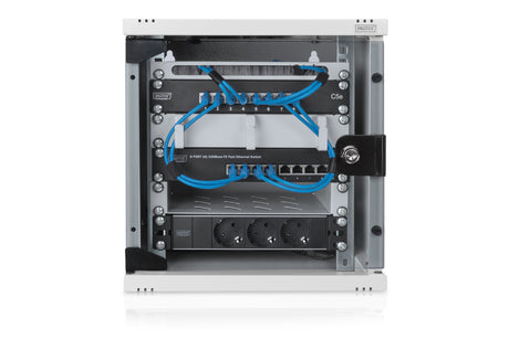 Digitus | 6U Wall Mounting Cabinet | DN-10-05U-1 | Safety class rating IP20; 200° door opening angle; Lockable safety-glass door; 254 mm (10") profile rails mounted on the front side inside of the cabinet, galvanized; 254 mm (10") profile rails are adjust