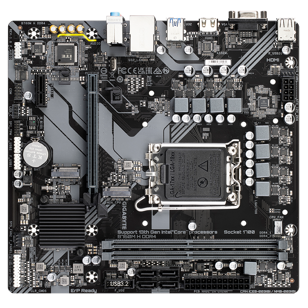 Gigabyte | B760M H DDR4 1.0 M/B | Processor family Intel | Processor socket LGA1700 | DDR4 DIMM | Memory slots 2 | Supported hard disk drive interfaces SATA, M.2 | Number of SATA connectors 4 | Chipset Intel B760 Express | Micro ATX