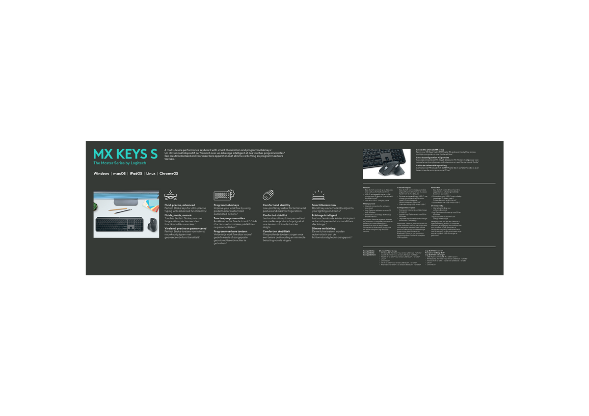 Logitech MX Keys S Belaidė klaviatūra, RF Wireless+Bluetooth, Illuminated, US Int, Graphite