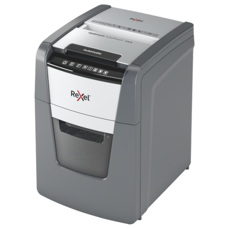 Rexel Optimum AutoFeed+ 100X Dokumentų naikiklis Cross Cut 4x28mm P-4 34L 55 dBA, Pilka/Juoda