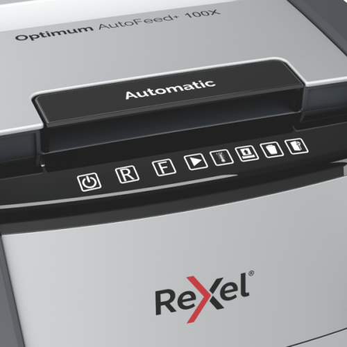 Rexel Optimum AutoFeed+ 100X Dokumentų naikiklis Cross Cut 4x28mm P-4 34L 55 dBA, Pilka/Juoda