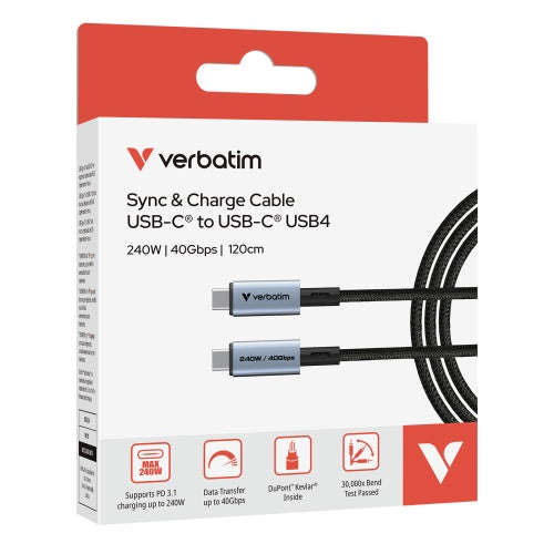 Verbatim 31847 Sync &amp; Charge Kabelis USB-C į USB-C 240W 40Gbps 120cm, Pilka/Juoda