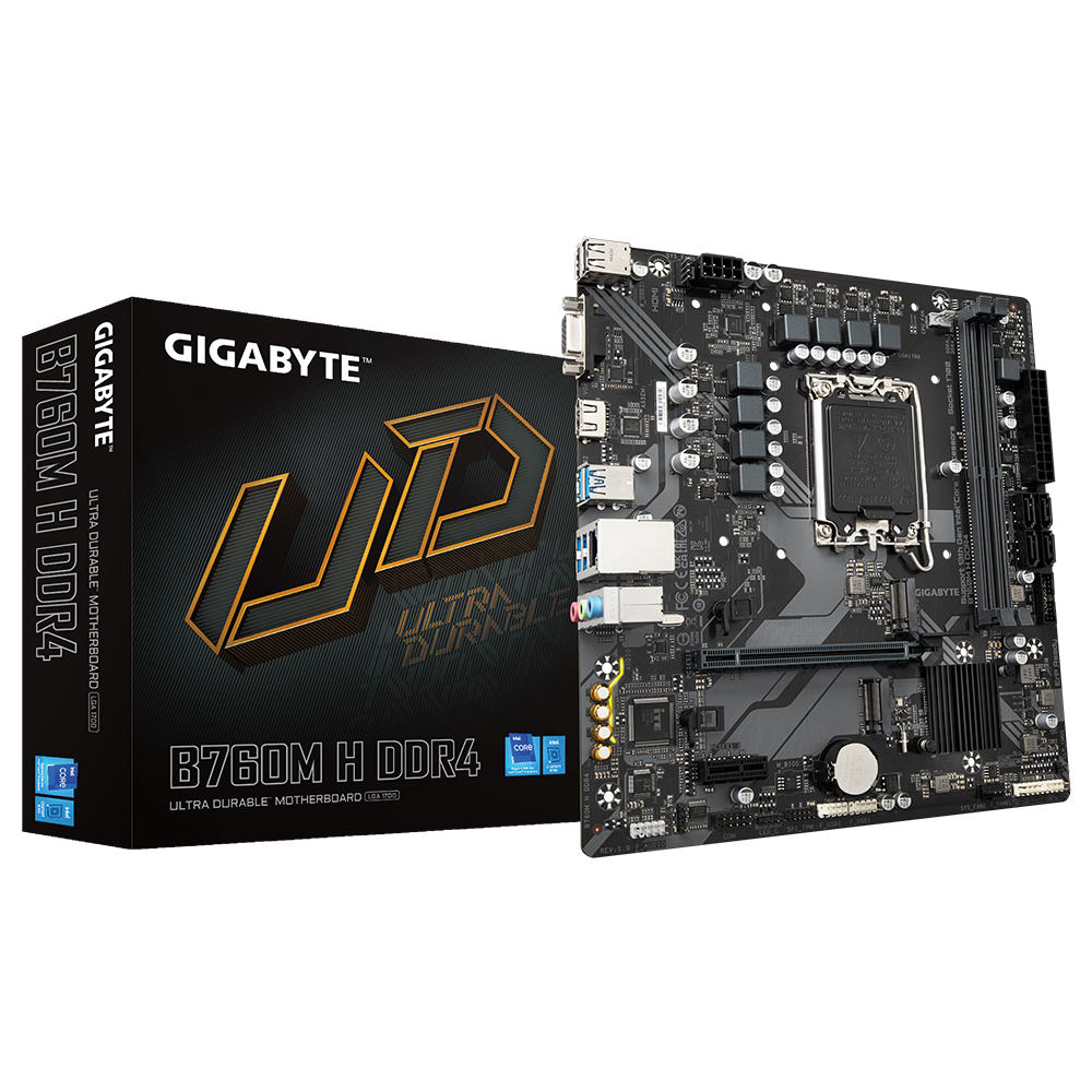 Gigabyte | B760M H DDR4 1.0 M/B | Processor family Intel | Processor socket LGA1700 | DDR4 DIMM | Memory slots 2 | Supported hard disk drive interfaces SATA, M.2 | Number of SATA connectors 4 | Chipset Intel B760 Express | Micro ATX