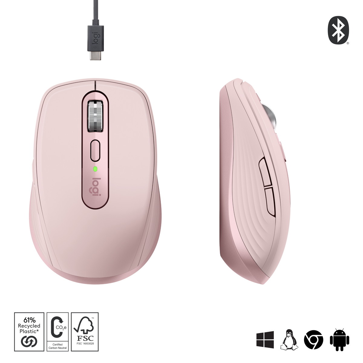 Belaidė pelė Logitech MX Anywhere 3S - RF Wireless + Bluetooth, Laser, 8000 DPI, Rose