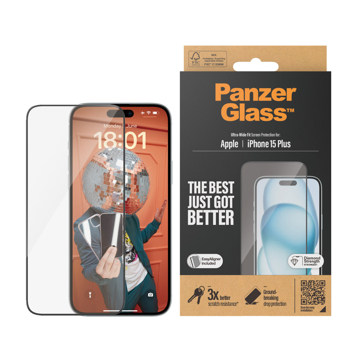 PanzerGlass | Screen protector | Apple | IPhone 15 Plus | Glass | Transparent | Ultra-wide fit, Scratch resistant, Drop protection, EasyAligner included