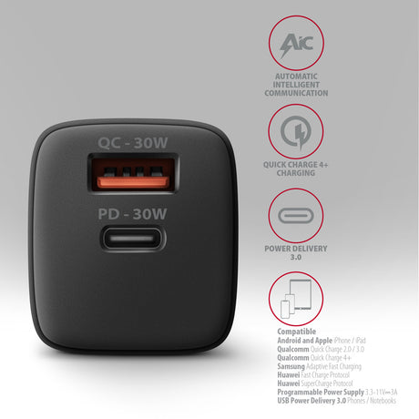 AXAGON Sil wallcharger 2x port (USB-A + USB-C), 30W | ACU-PQ30