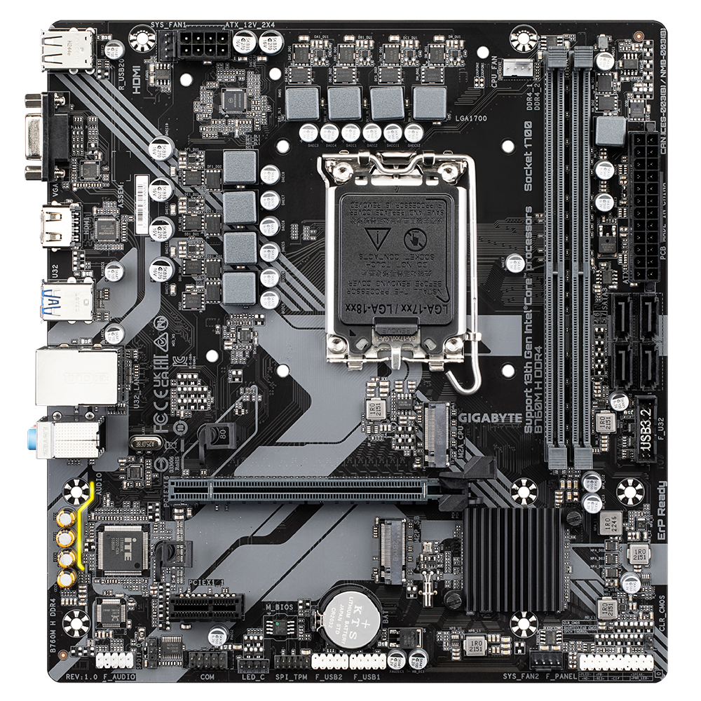 Gigabyte | B760M H DDR4 1.0 M/B | Processor family Intel | Processor socket LGA1700 | DDR4 DIMM | Memory slots 2 | Supported hard disk drive interfaces SATA, M.2 | Number of SATA connectors 4 | Chipset Intel B760 Express | Micro ATX