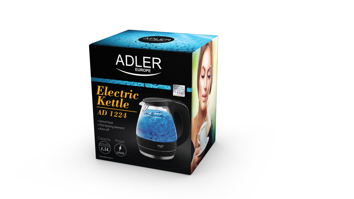 Adler | Kettle | AD 1224 | Standard | 2000 W | 1.5 L | Glass | 360° rotational base | Black