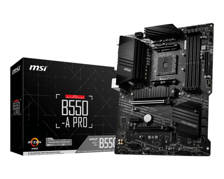 MSI | B550-A PRO | Processor family AMD | Processor socket AM4 | DDR4 DIMM | Memory slots 4 | Supported hard disk drive interfaces SATA, M.2 | Number of SATA connectors 6 | Chipset AMD B550 | ATX