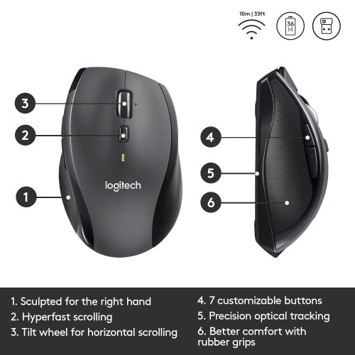 Logitech Marathon M705 Belaidė pelė, RF Wireless, 1000 DPI, Charcoal