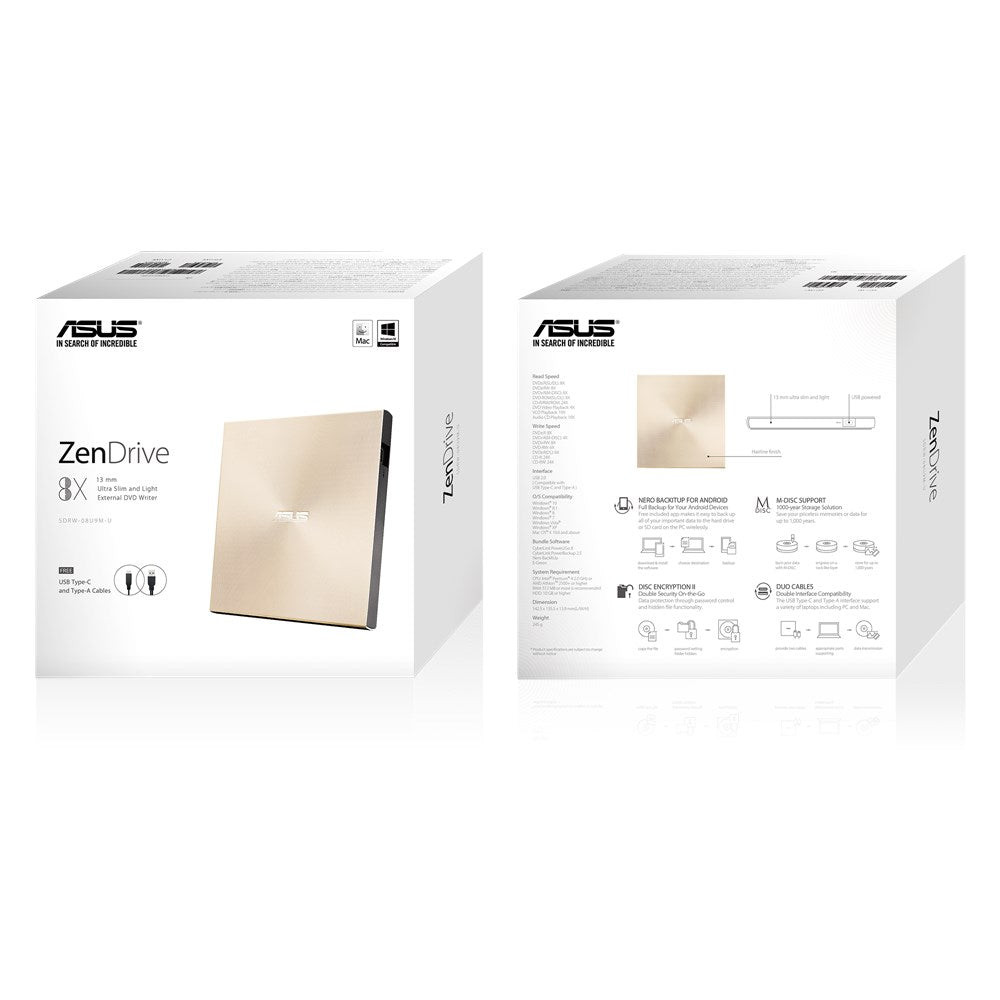 Asus | ZenDrive U9M | Interface USB 2.0 | DVD±RW | CD read speed 24 x | CD write speed 24 x | Gold