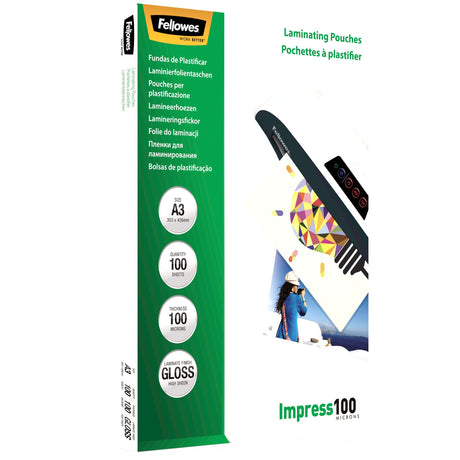Fellowes | Laminating Pouch | A3 | Glossy | Thickness: 100 micron, Qty Per Pack: 100 pcs; Ideal for notices, craft materials, signage and frequently handled documents; Compatible with all laminator brands