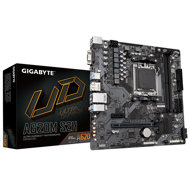 Gigabyte | A620M S2H 1.0 M/B | Processor family AMD | Processor socket AM5 | DDR5 DIMM | Memory slots 2 | Supported hard disk drive interfaces 	SATA, M.2 | Number of SATA connectors 4 | Chipset AMD A620 | Micro ATX