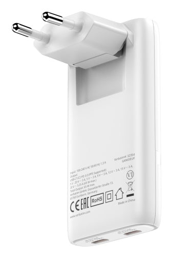 Verbatim 32355 Fold 'n' Go GaN Įkroviklis 65W 2-Port, USB-C, EU Plug, Balta